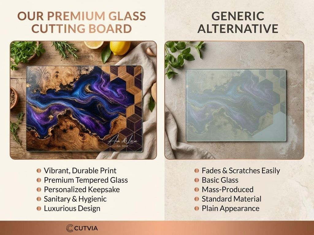 Personalized Glass Chopping Board, Blue Purple Resin River Look, Custom Family Name Kitchen Gift