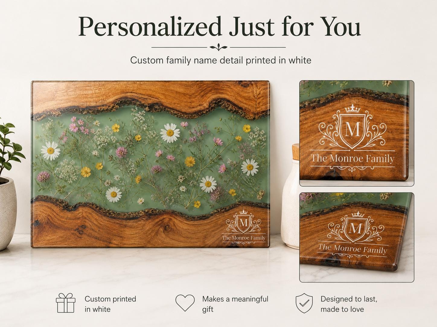 Personalized Cutting Board, Green Floral Chopping Board, Family Kitchen Gift