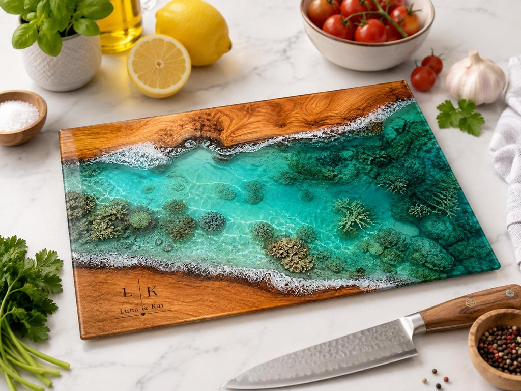 Personalized Glass Cutting Board: Blue Resin Look, Custom Names