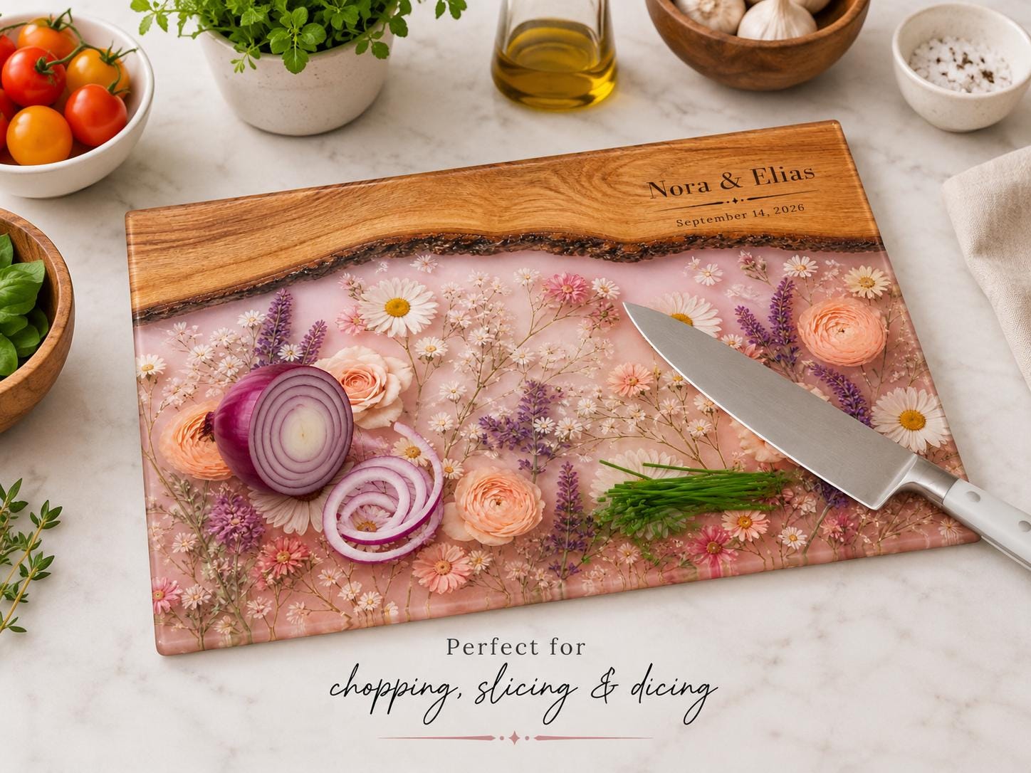 Glass Cutting Board - Purple Geode Design with Custom Couple Names