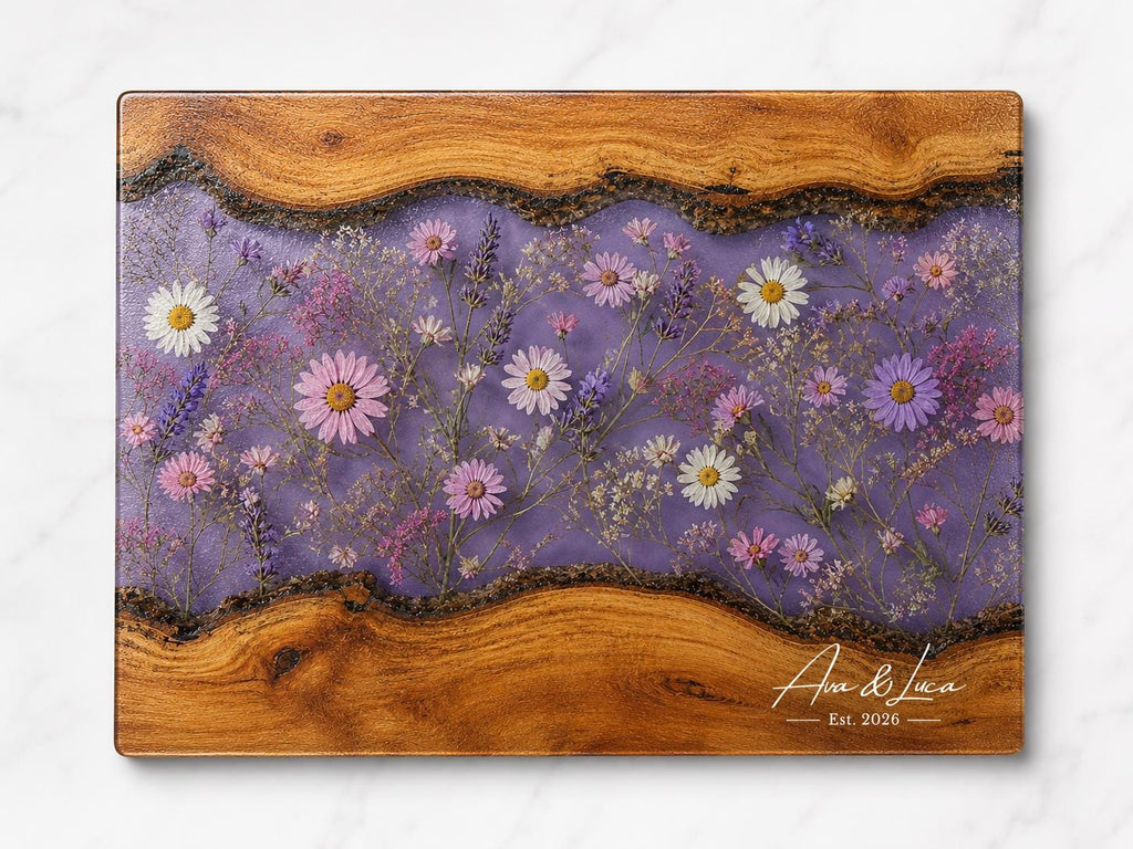 Glass Charcuterie Board - Custom Names, Blue and Wood Grain Design