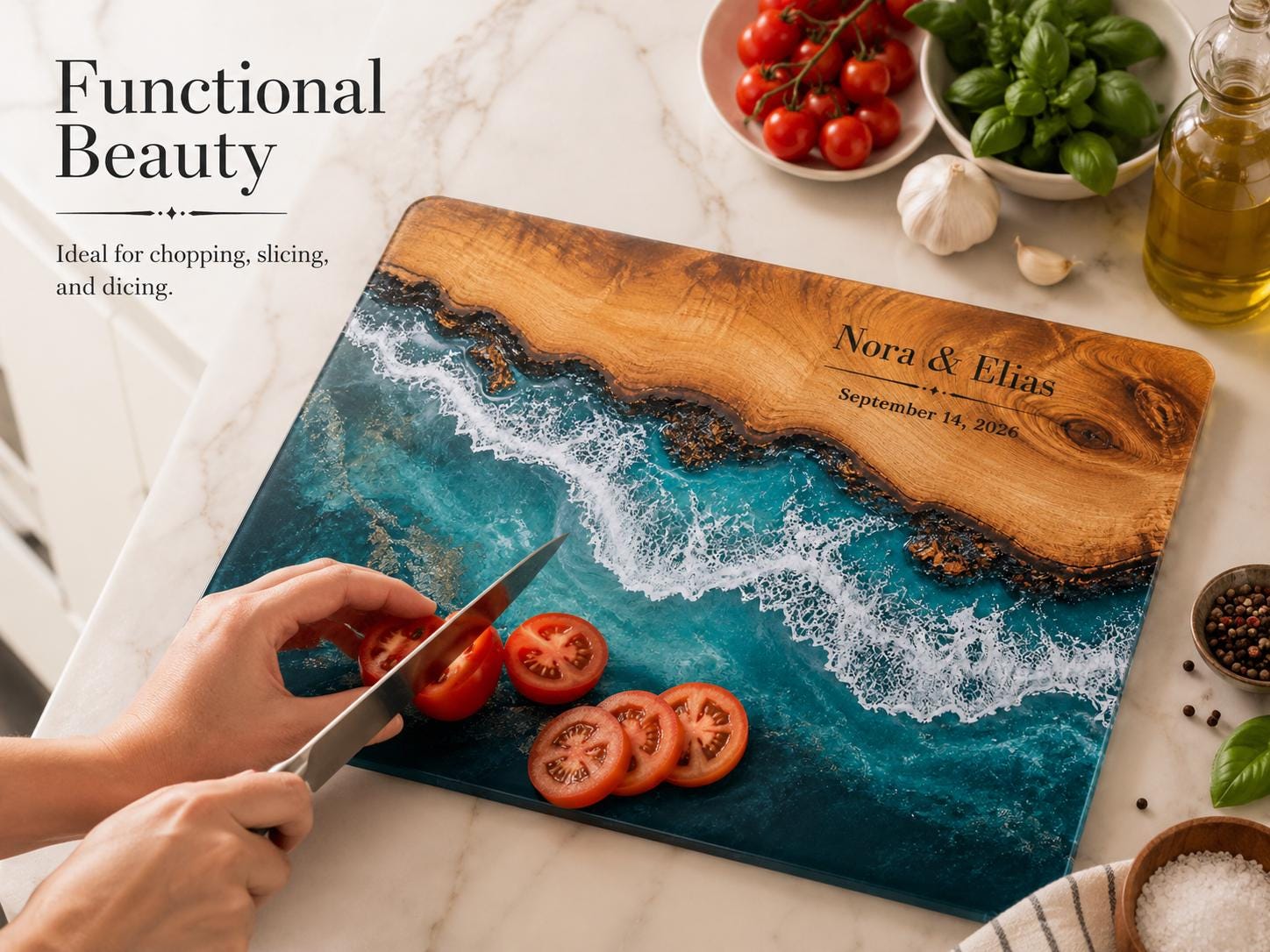 Personalized Beach Cutting Board, Ocean Wave Glass Board, Custom Couple Kitchen Gift