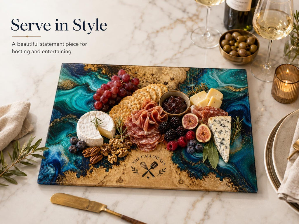 Personalized Glass Cutting Board - Blue Resin Style with Gold Details