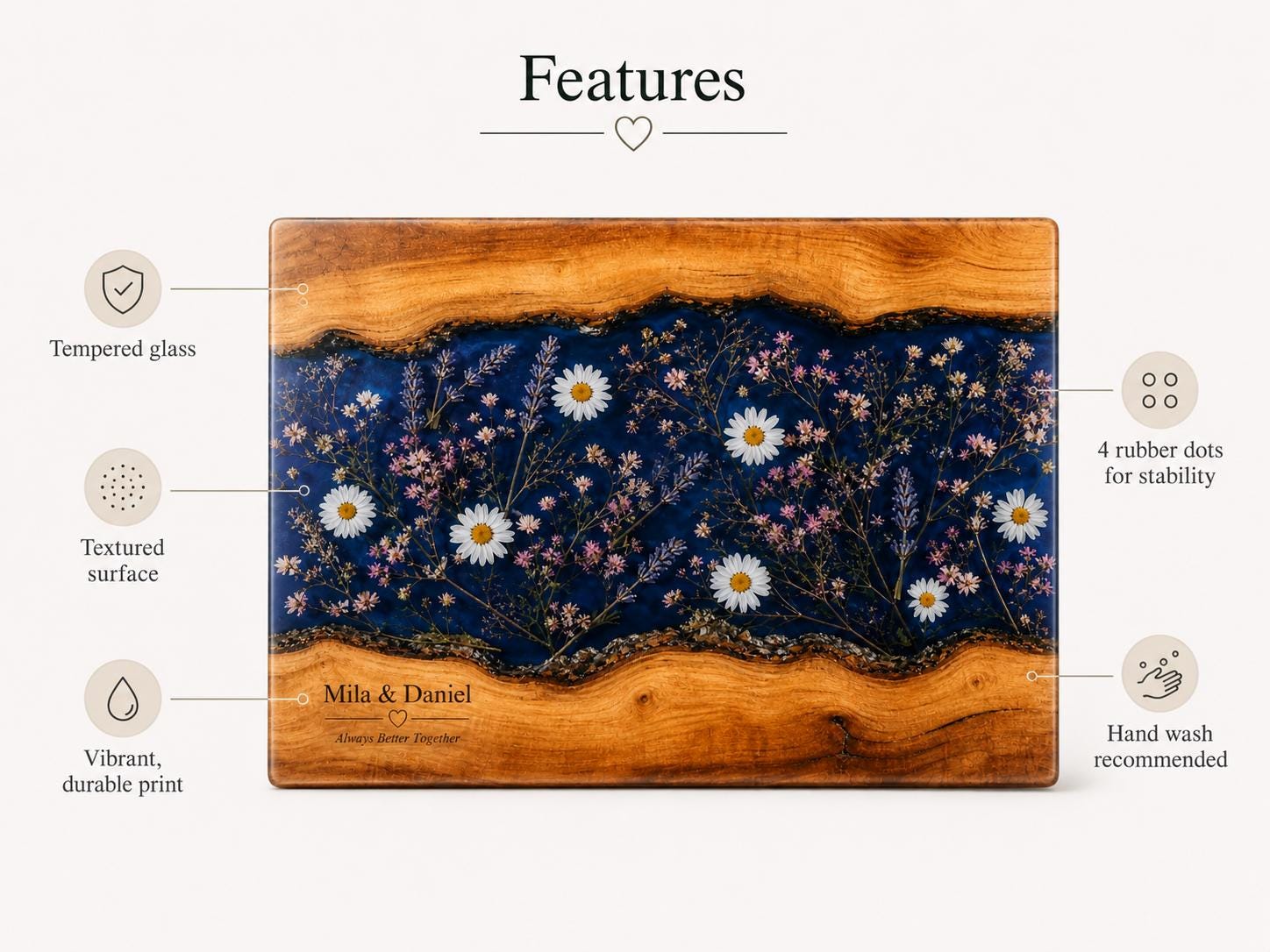 Personalized Glass Cutting Board: Blue Resin Look with Gold Accents