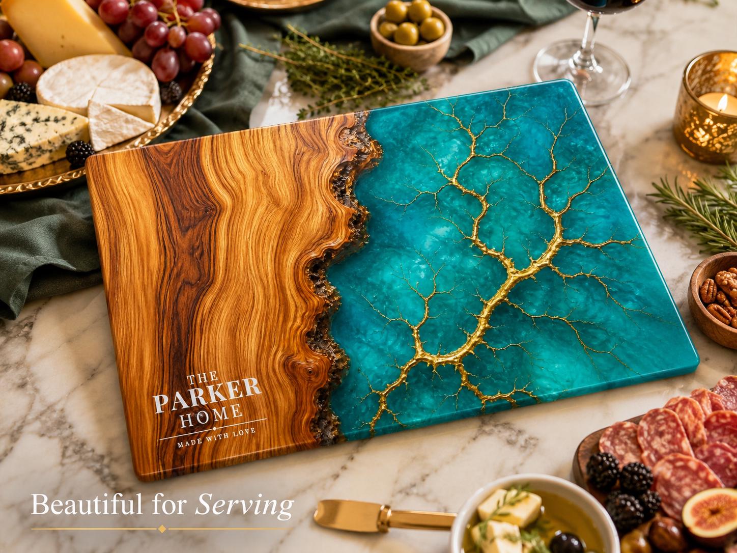 Personalized Glass Charcuterie Board, Teal Wood Look Serving Board, Custom Cheese Board Gift for Wedding or Housewarming