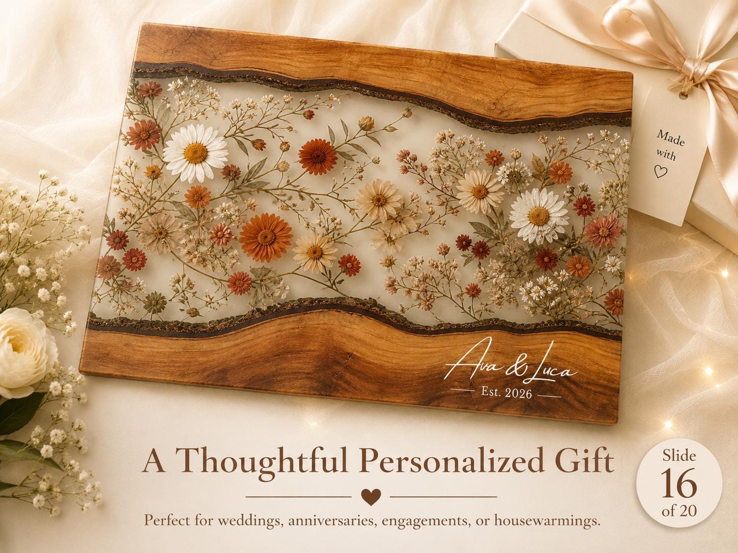 Personalized Floral Cutting Board, Custom Wood Chopping Board, Wildflower Charcuterie Board, Cheese Board Serving Tray
