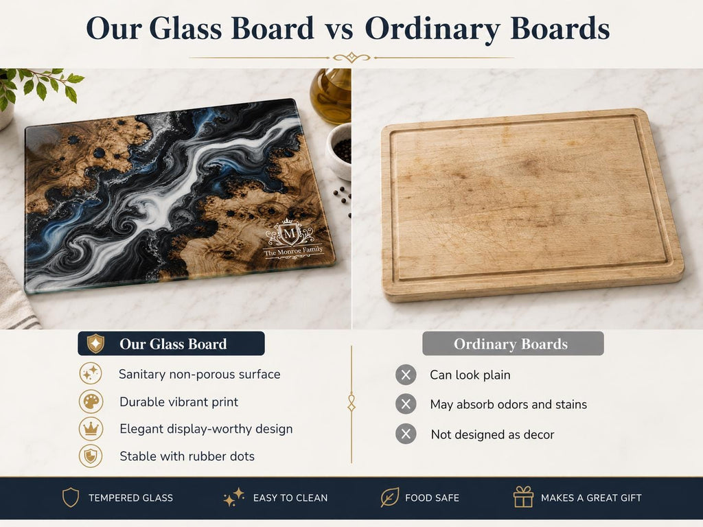 Personalized Glass Cutting Board - Purple Geode Art with Custom Names