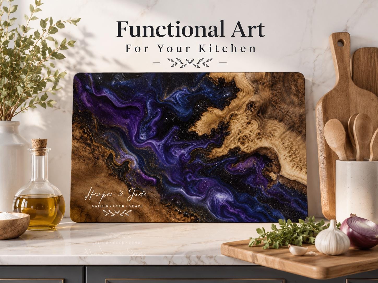 Glass Cutting Board: Personalized Blue Resin Style (Wedding or Housewarming)