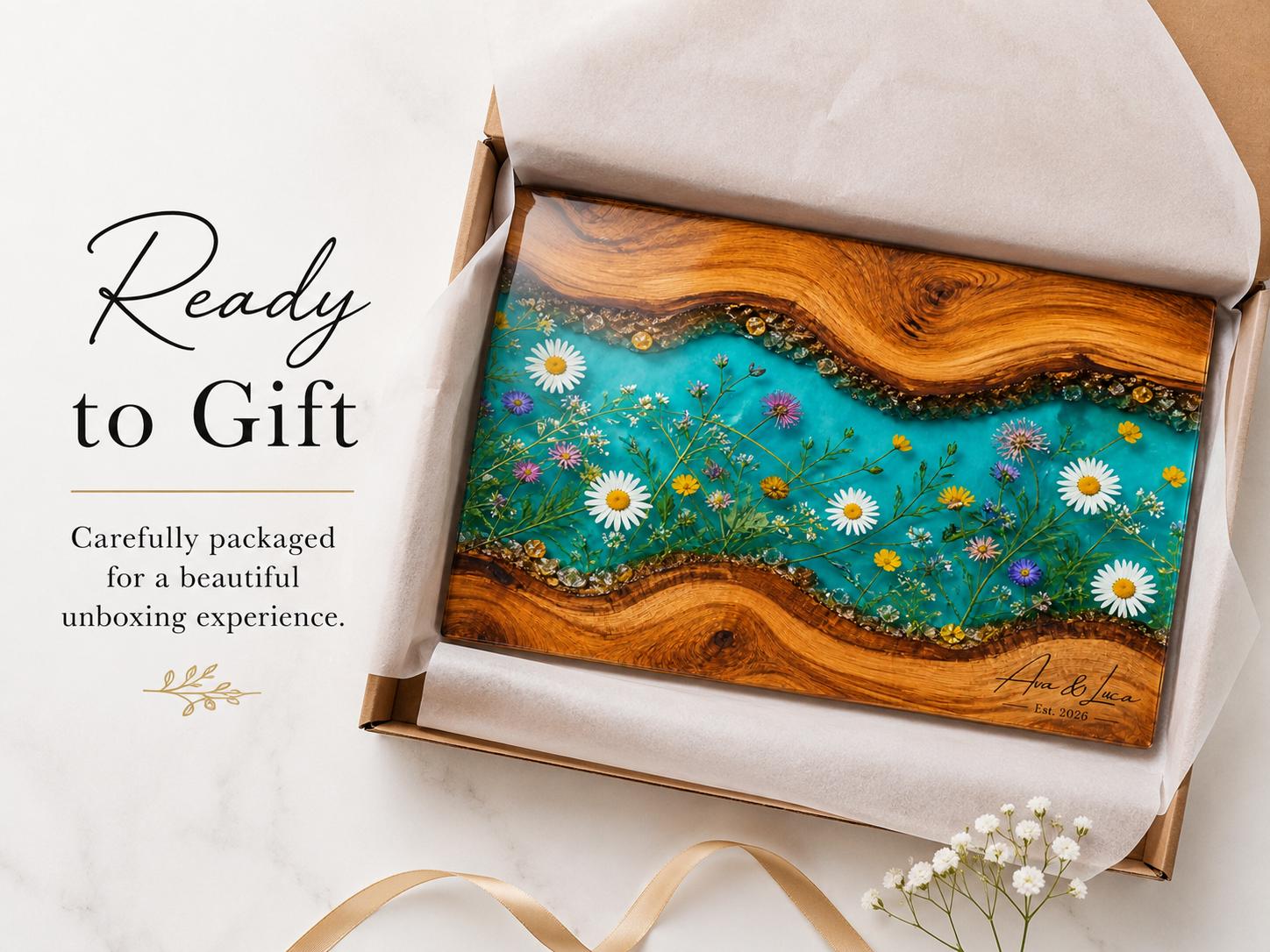 Personalized Turquoise Floral Glass Board, Custom Couple Cutting Board, Wildflower Kitchen Gift