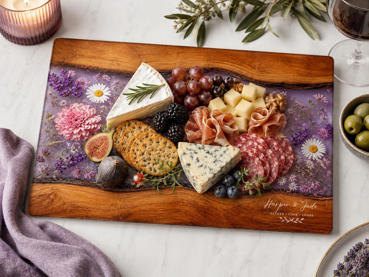 Personalized Floral Cutting Board, Purple Wildflower Glass Board, Custom Kitchen Gift for Housewarming