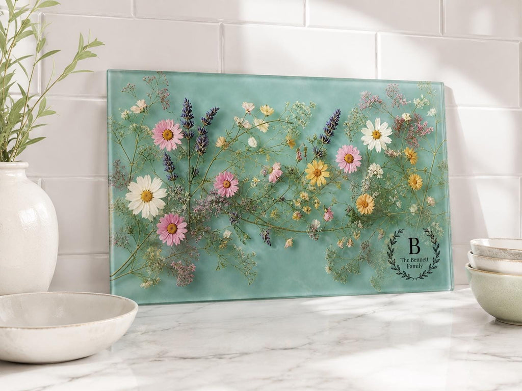 Personalized Glass Cutting Board: Blue Resin Look with Gold Accents