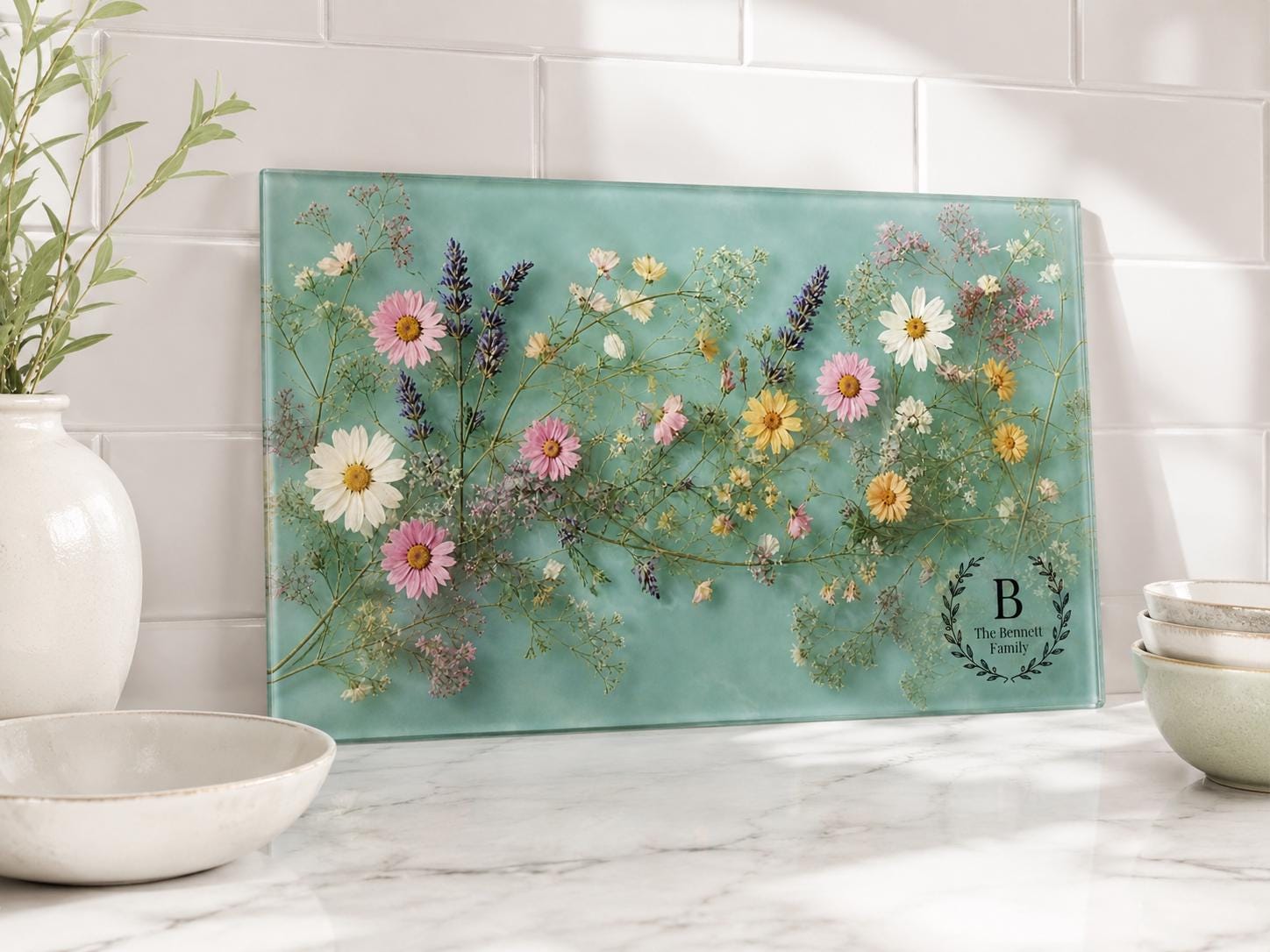 Personalized Glass Cutting Board: Blue Resin Look with Gold Accents