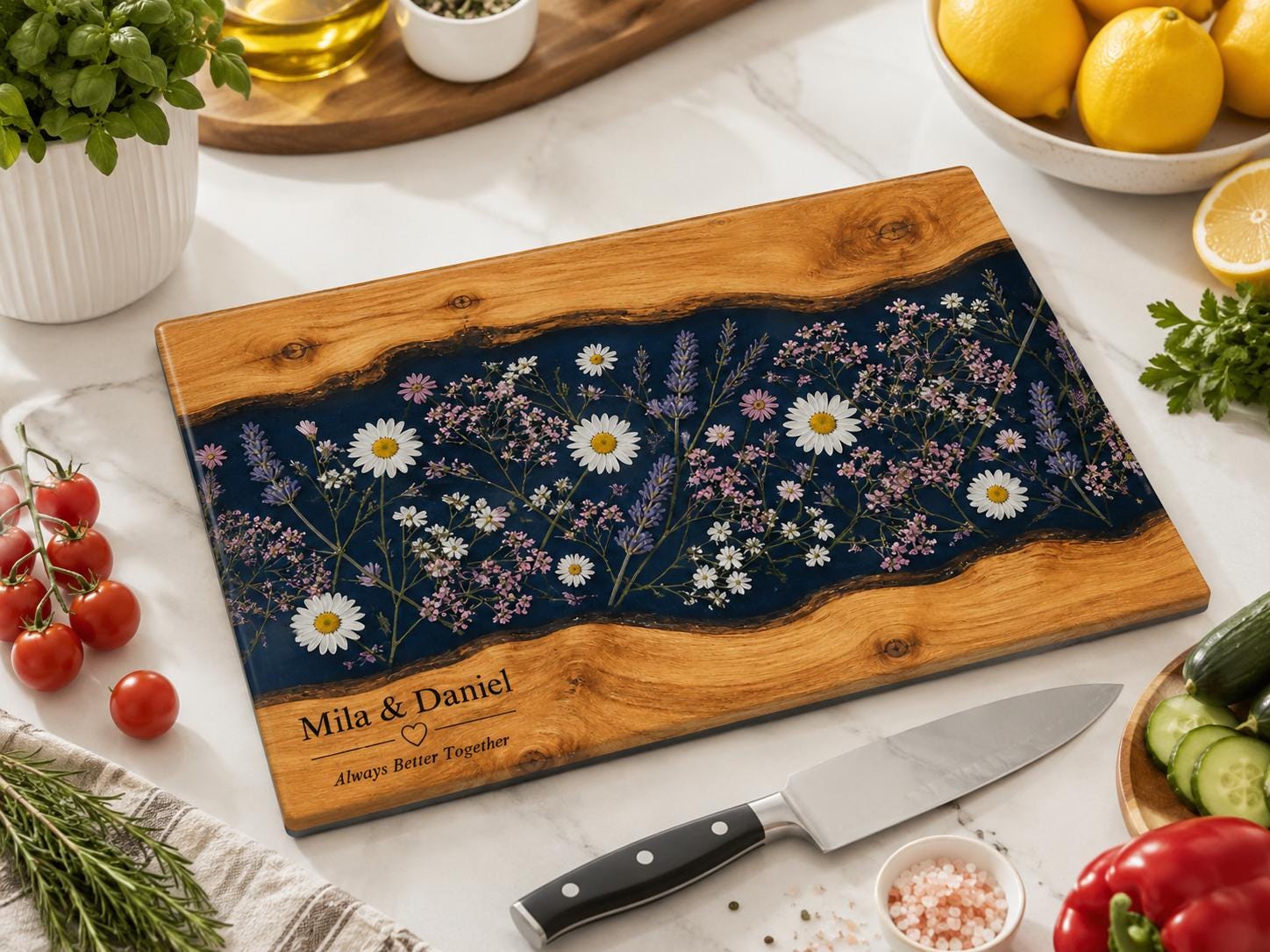 Personalized Glass Cutting Board, Blue Resin & Wood Design (8x11 or 11x15)