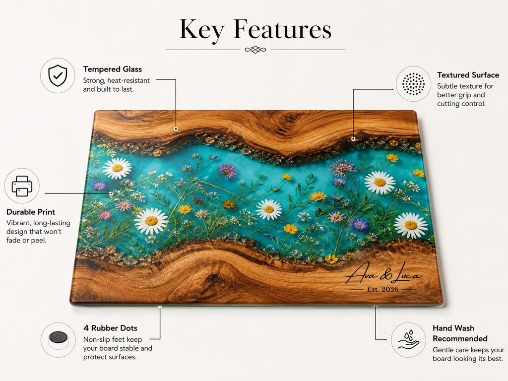 Personalized Turquoise Floral Glass Board, Custom Couple Cutting Board, Wildflower Kitchen Gift