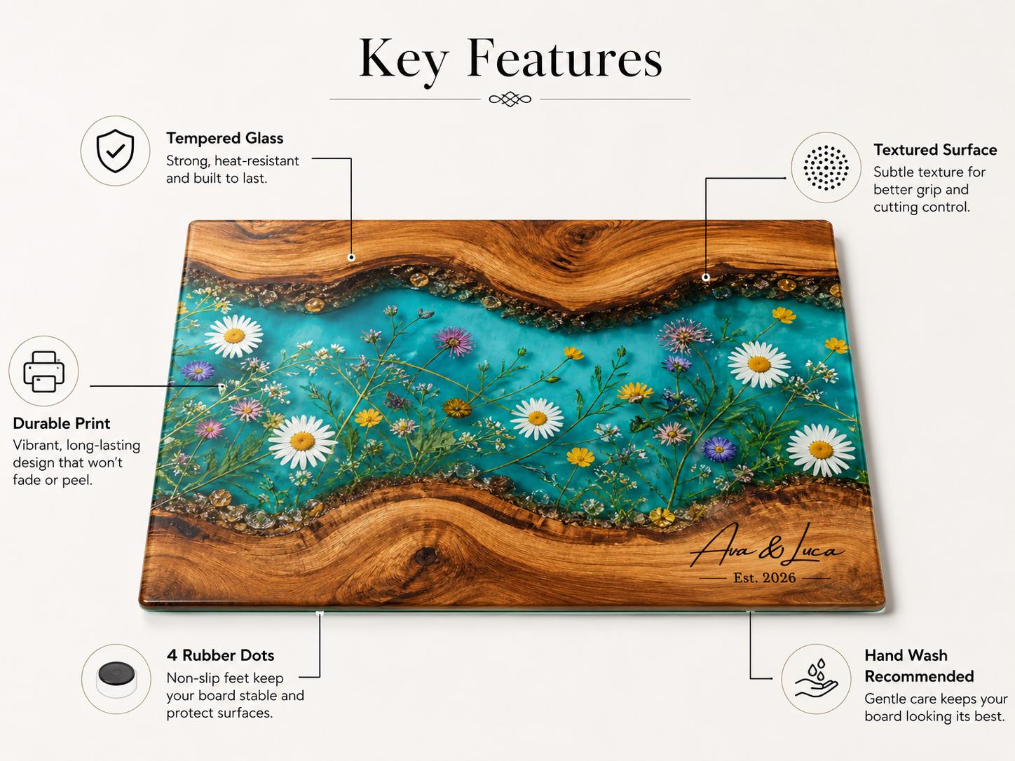 Personalized Turquoise Floral Glass Board, Custom Couple Cutting Board, Wildflower Kitchen Gift