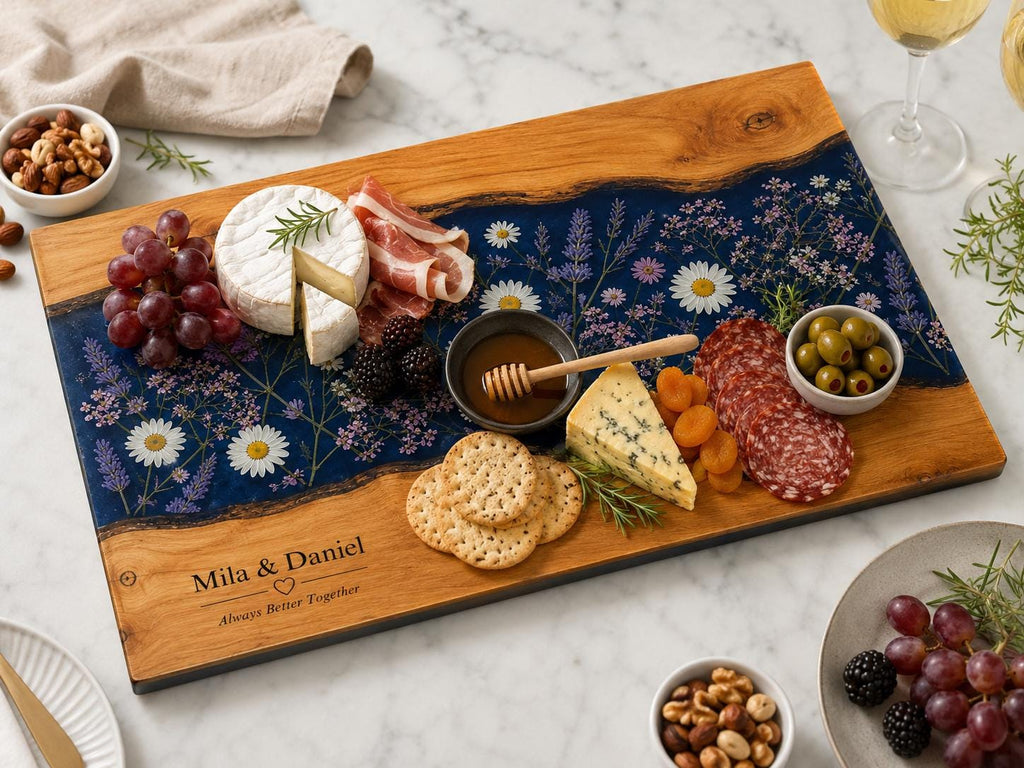 Personalized Glass Cutting Board, Blue Resin & Wood Design (8x11 or 11x15)