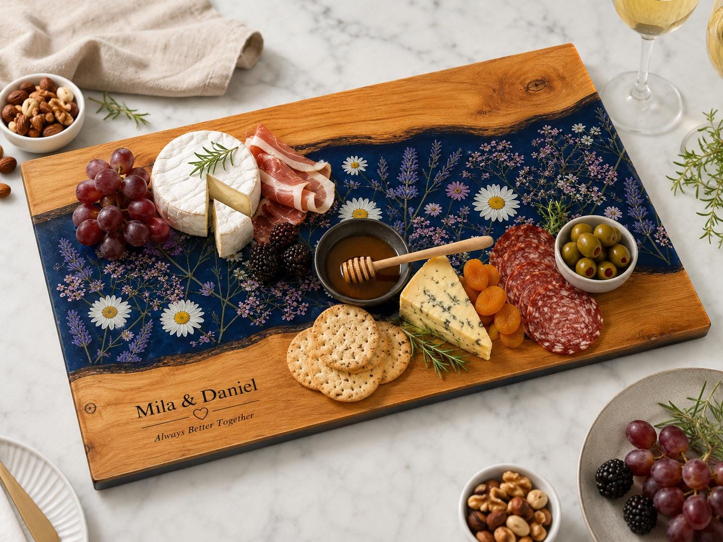 Personalized Glass Cutting Board, Blue Resin & Wood Design (8x11 or 11x15)