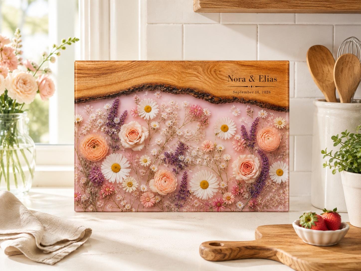 Glass Cutting Board - Purple Geode Design with Custom Couple Names