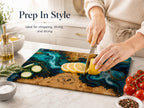 Personalized Glass Cutting Board - Blue Resin Style with Gold Details