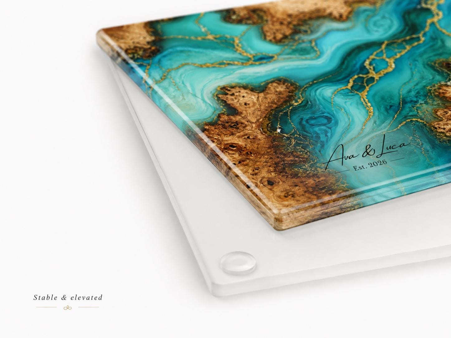 Custom Serving Board, Teal Gold Charcuterie Board, Personalized Kitchen Gift for Couple
