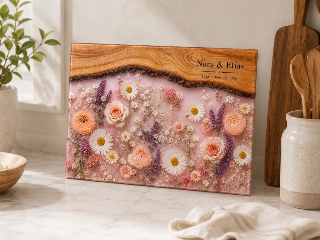 Glass Cutting Board - Purple Geode Design with Custom Couple Names