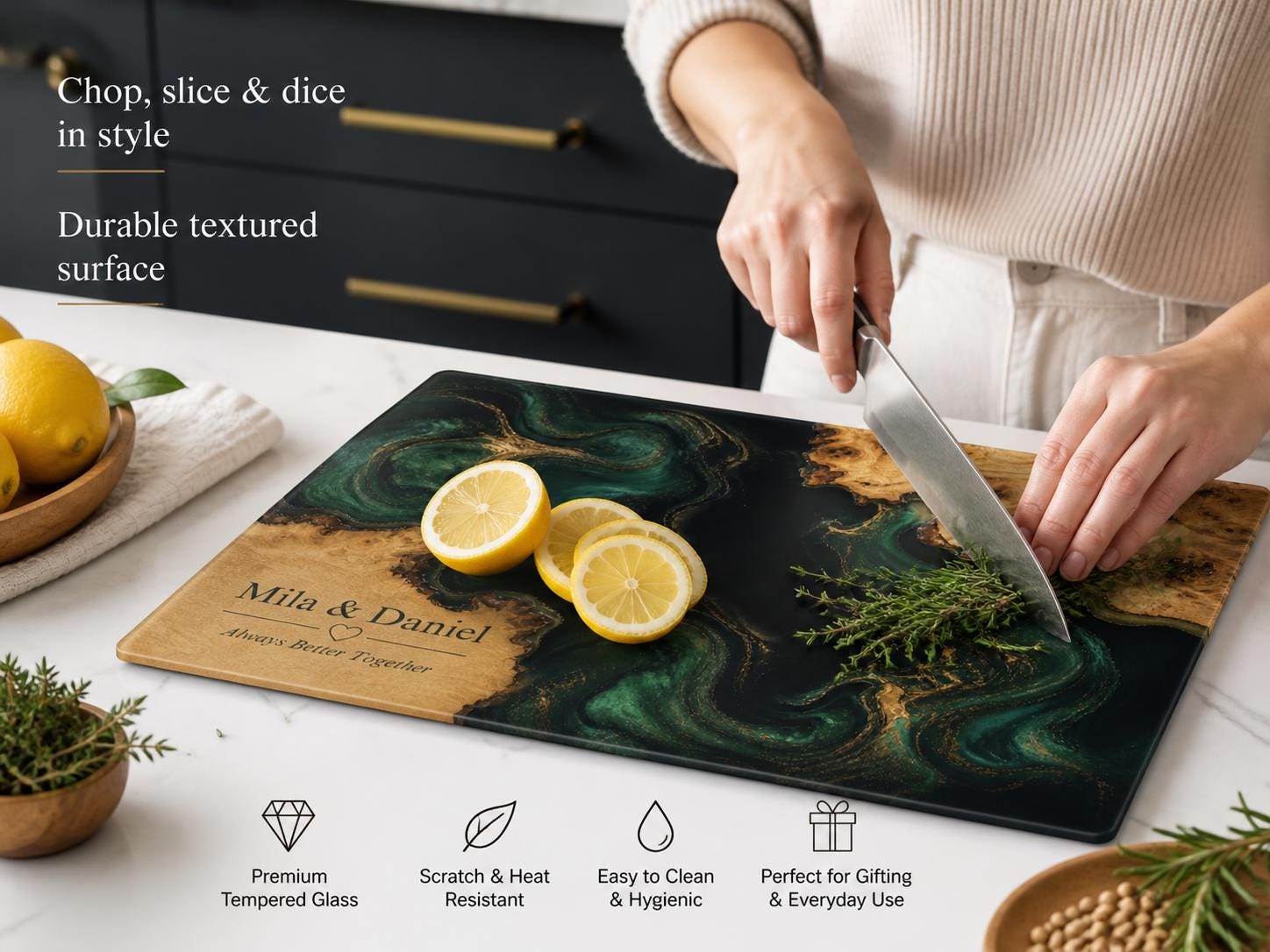 Custom Cutting Board: Blue Resin and Wood Grain - Personalized Names