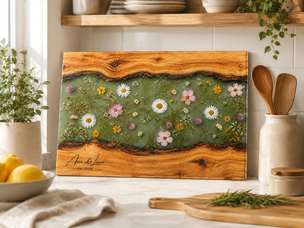 Custom Glass Cutting Board - Blue Resin Style with Gold Details