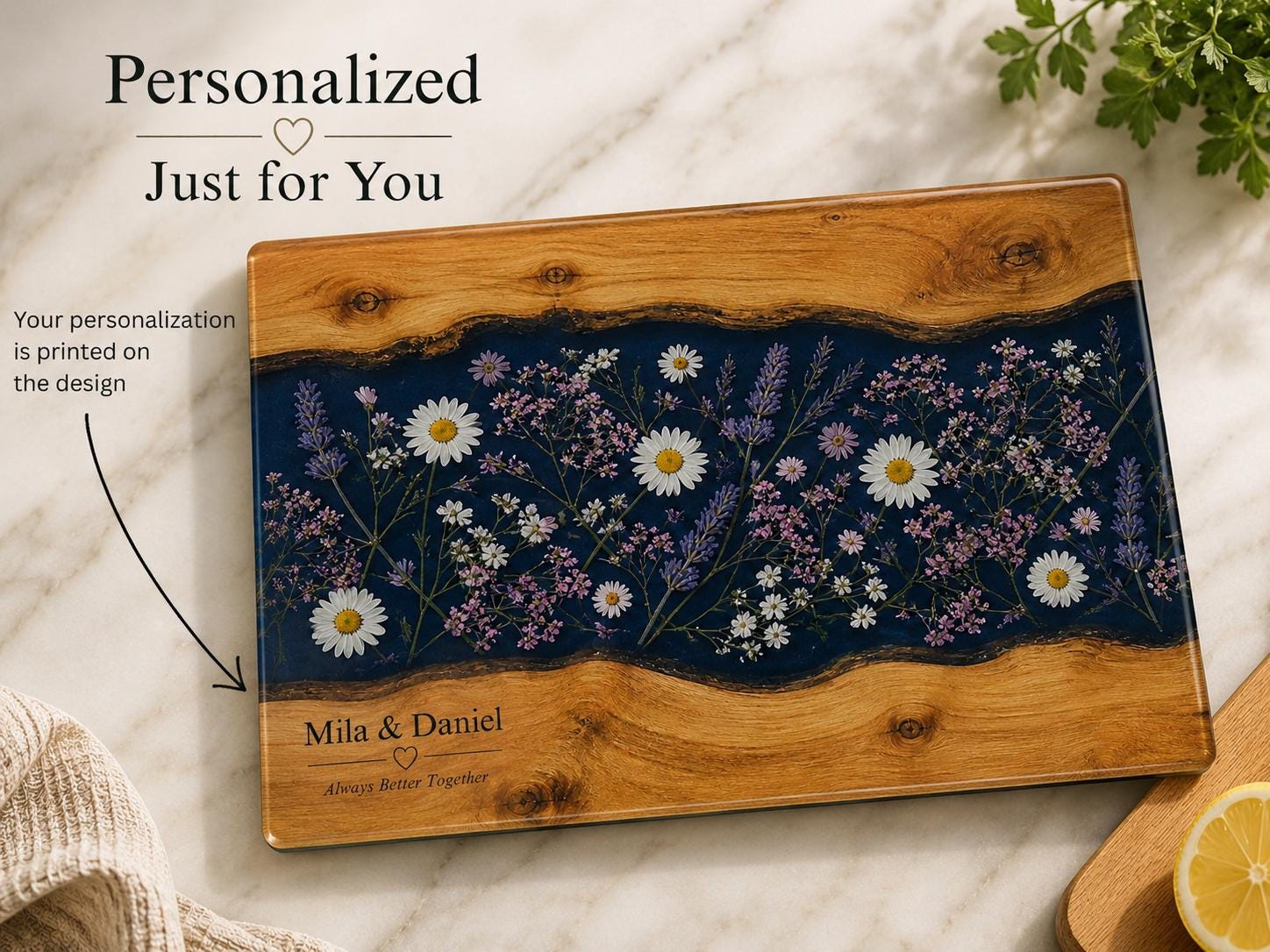 Personalized Glass Cutting Board, Blue Resin & Wood Design (8x11 or 11x15)