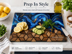 Custom Glass Cutting Board: Blue Resin Style - Names and Dates Included