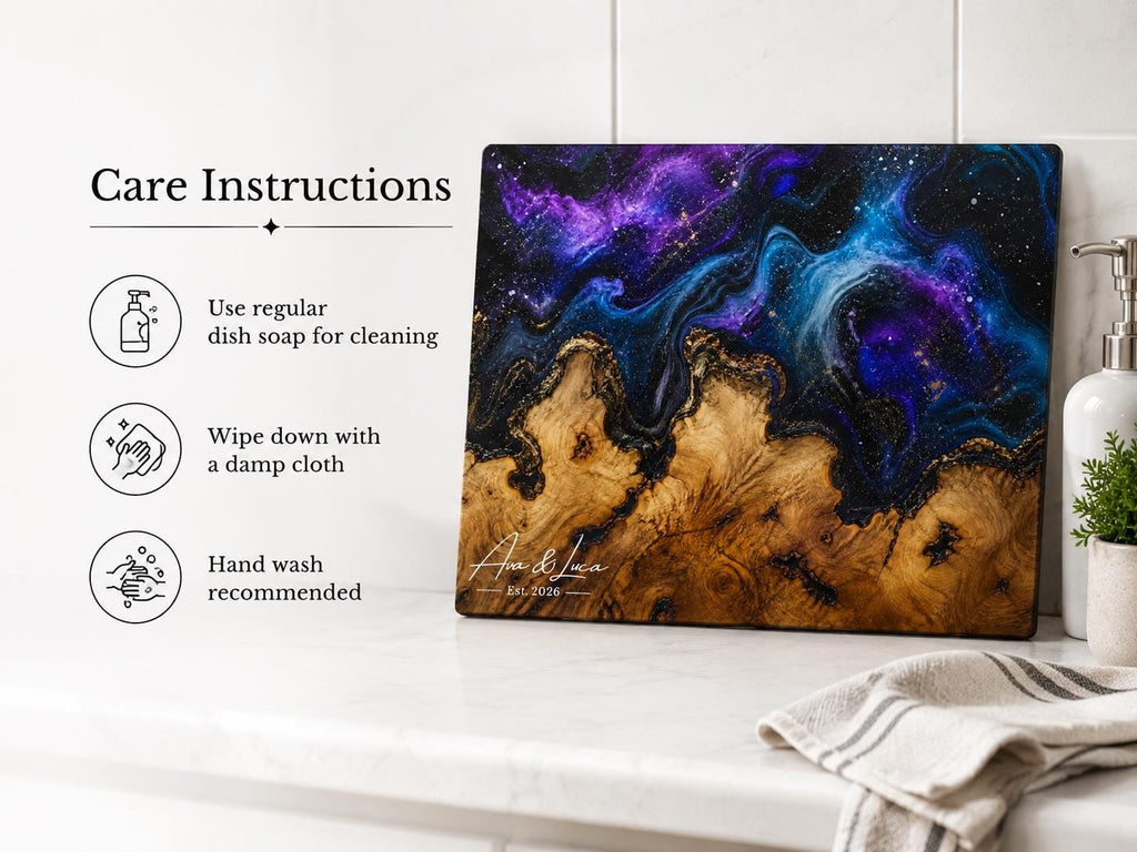 Custom Glass Cutting Board: Purple Geode Style - Personalized Names