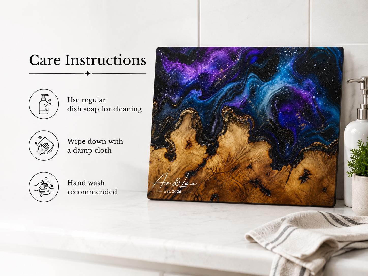 Custom Glass Cutting Board: Purple Geode Style - Personalized Names