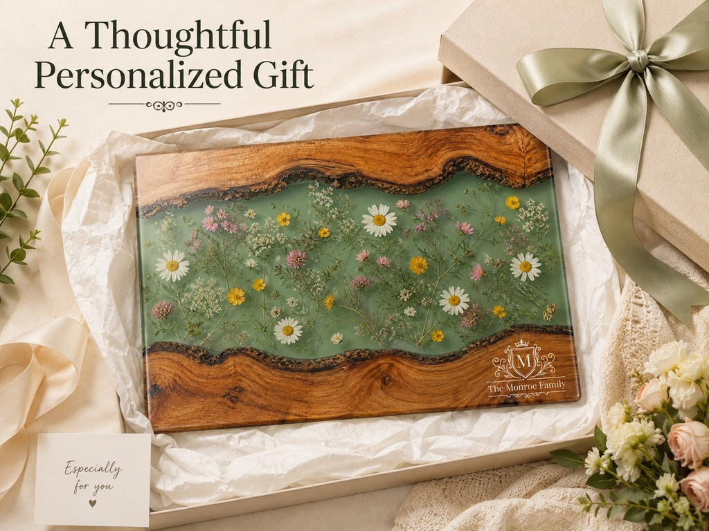 Personalized Cutting Board, Green Floral Chopping Board, Family Kitchen Gift