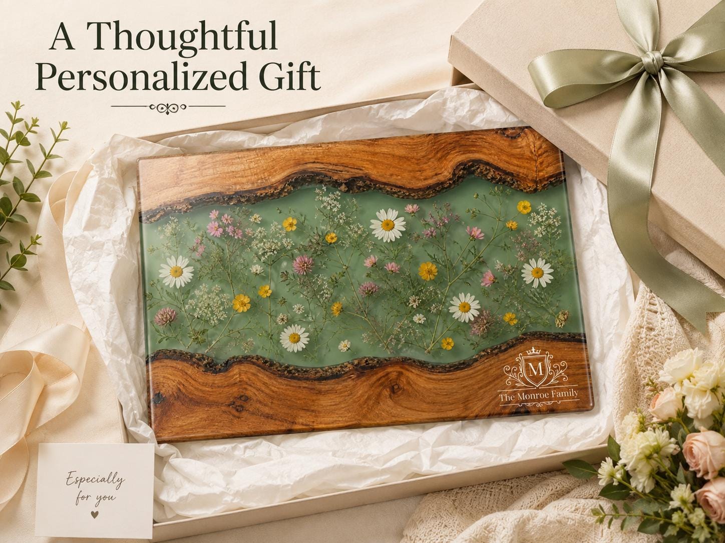 Personalized Cutting Board, Green Floral Chopping Board, Family Kitchen Gift