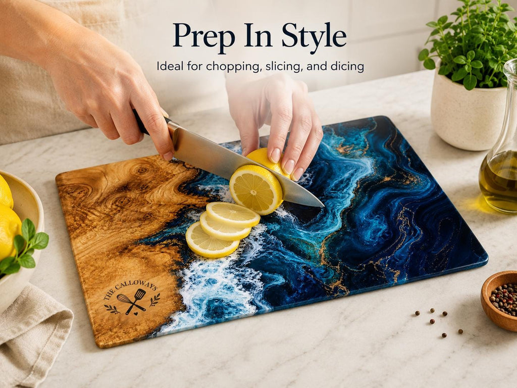 Personalized Glass Cutting Board: Purple Geode Design with Names