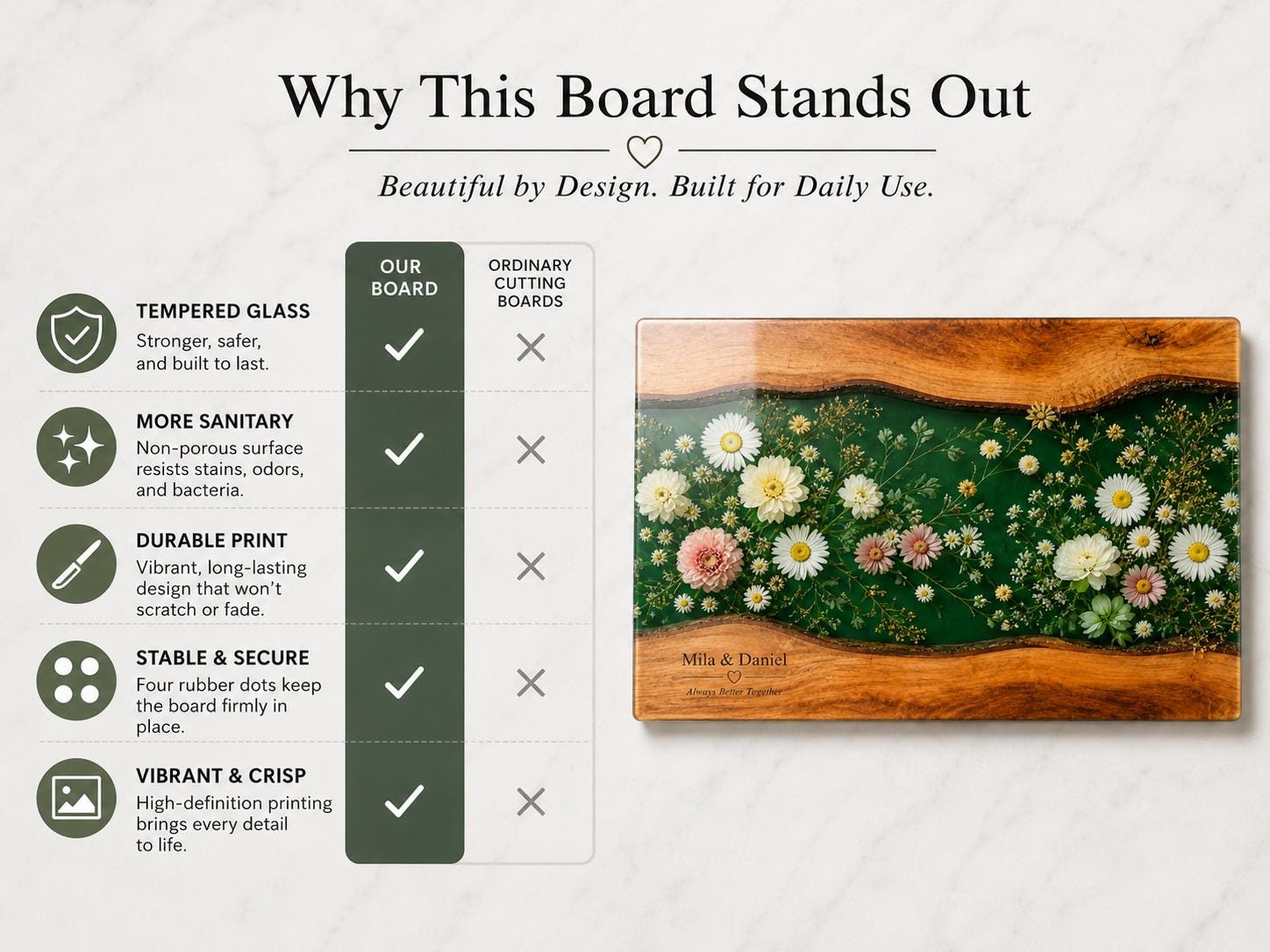 Personalized Floral Cutting Board, Green Daisy Glass Board, Custom Couple Kitchen Gift