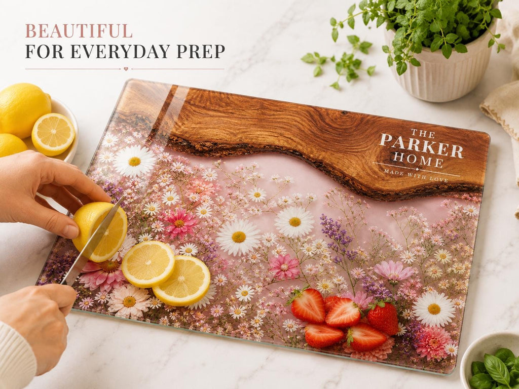 Personalized Glass Cutting Board: Purple Geode Design with Names