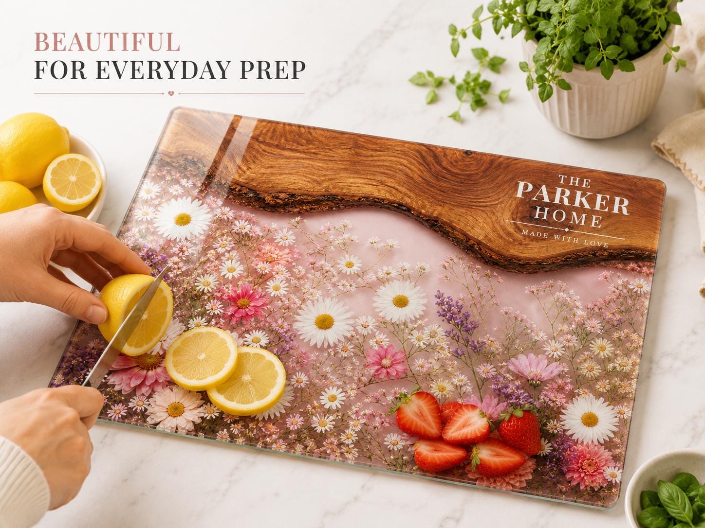 Personalized Glass Cutting Board: Purple Geode Design with Names