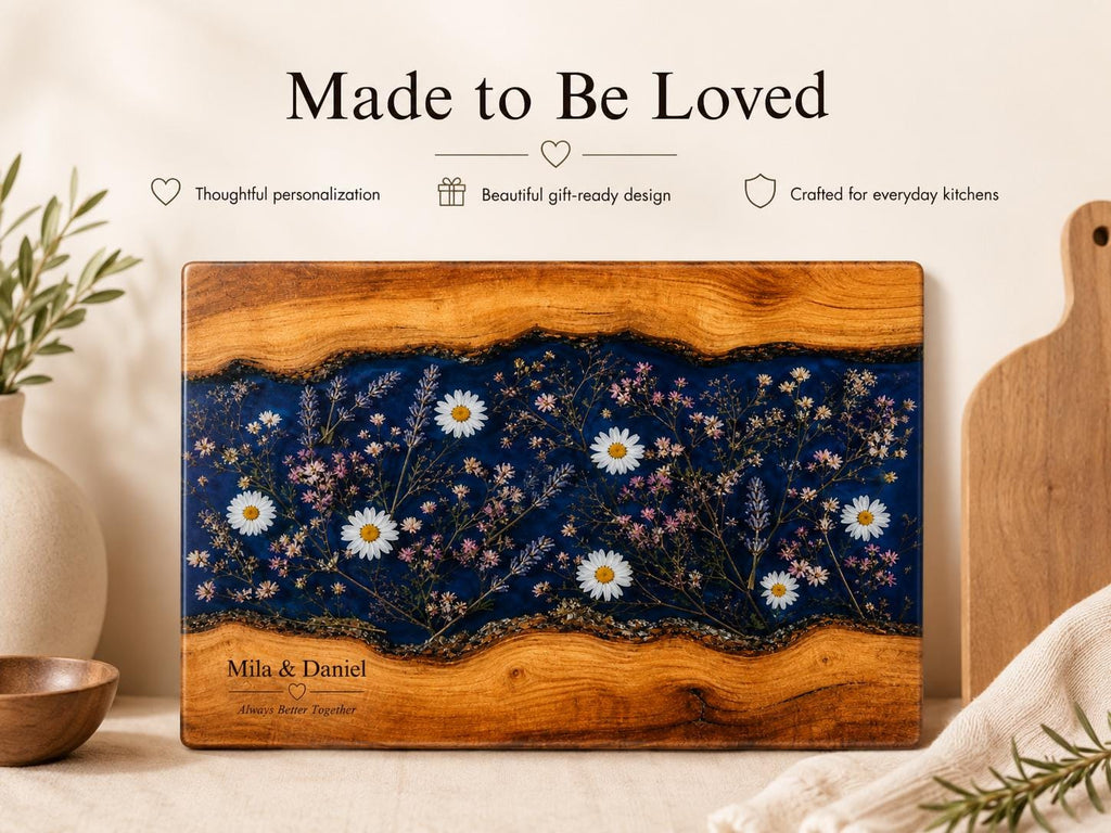 Personalized Glass Cutting Board: Blue Resin Look with Gold Accents