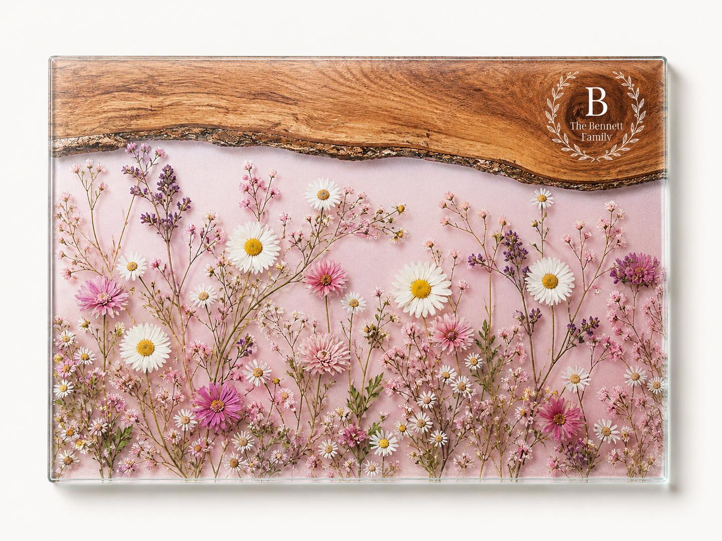 Personalized Family Monogram Serving Board, Pink Wildflower Glass Board, Custom Housewarming Gift