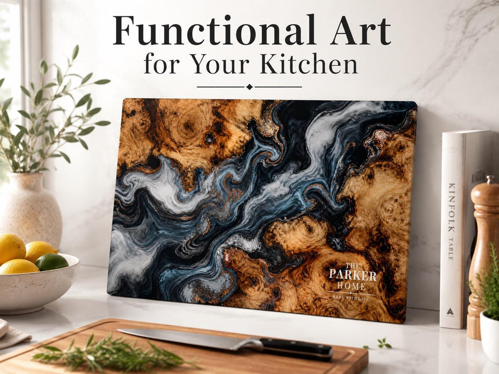 Personalized Glass Cutting Board: Blue Resin Look with Gold Accents