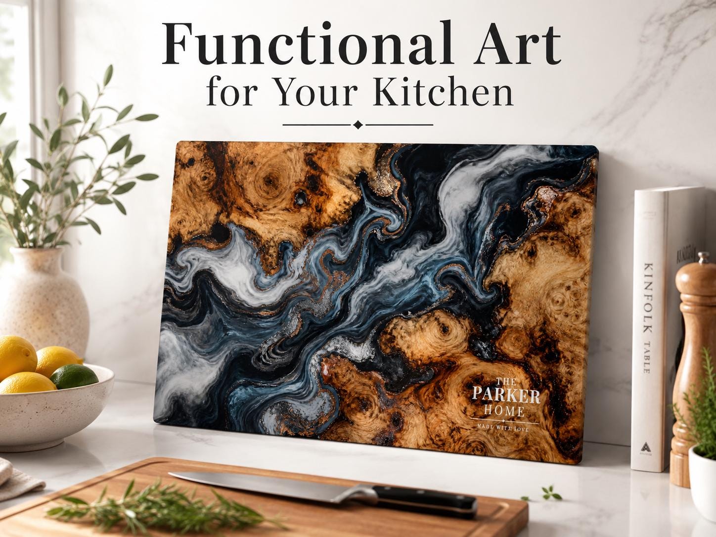 Personalized Glass Cutting Board: Blue Resin Look with Gold Accents