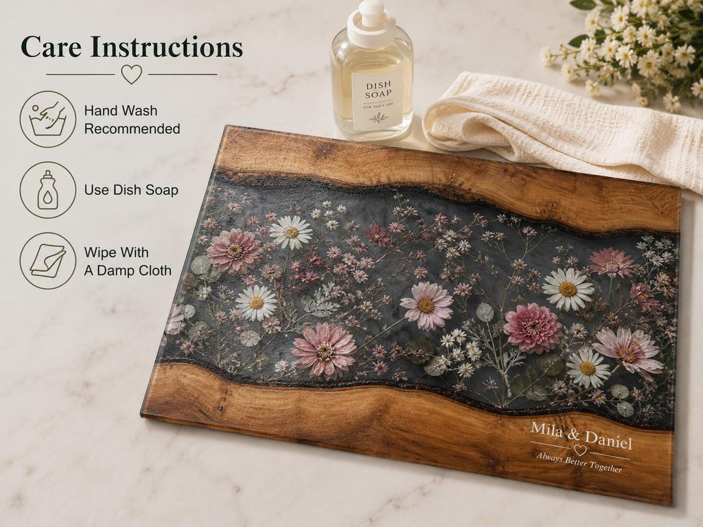 Personalized Floral Cutting Board, Dark Wildflower Glass Board, Custom Couple Kitchen Gift