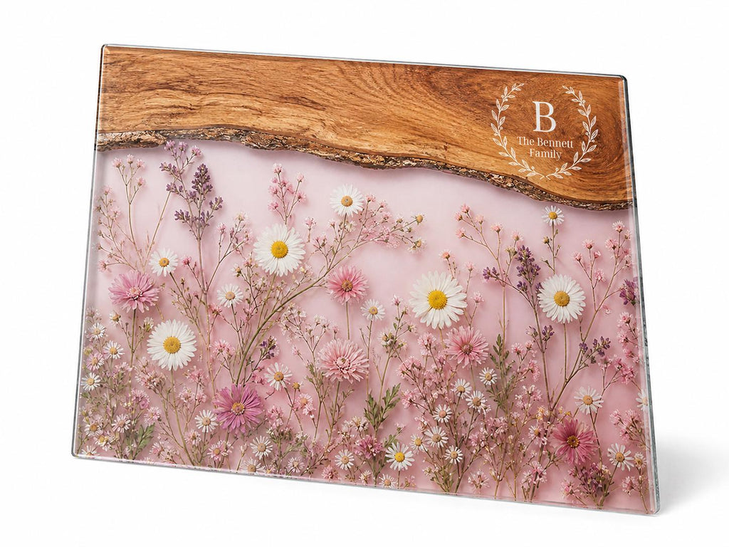 Personalized Family Monogram Serving Board, Pink Wildflower Glass Board, Custom Housewarming Gift