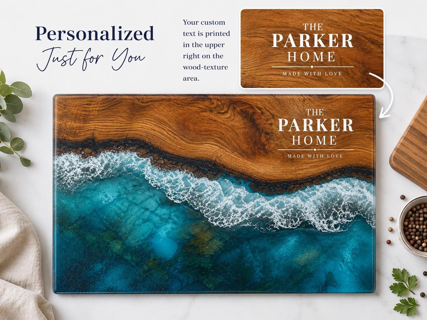 Custom Glass Cutting Board - Purple Geode Design with Couple Names