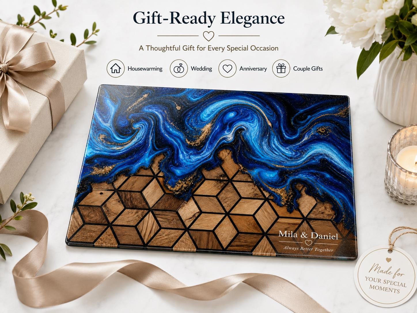 Custom Glass Cutting Board: Blue Resin Style - Names and Dates Included