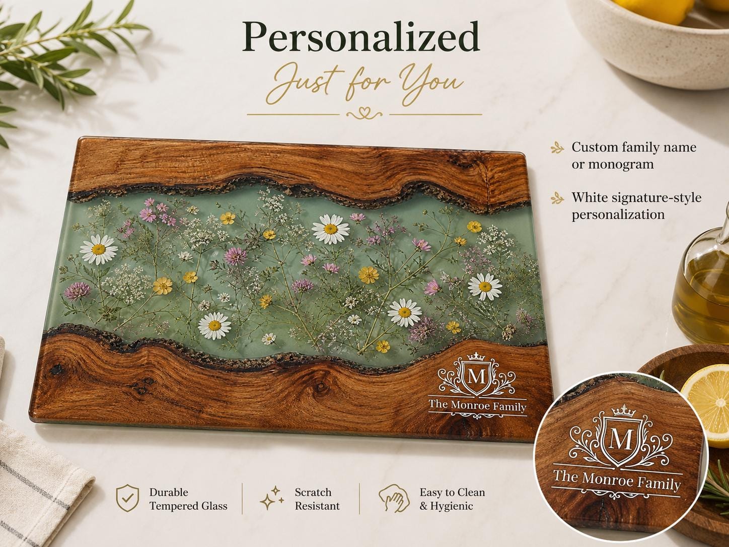 Personalized Cutting Board, Green Floral Chopping Board, Family Kitchen Gift