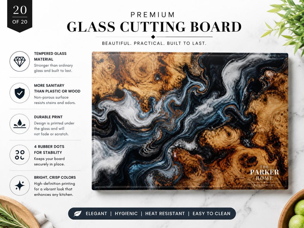 Personalized Glass Cutting Board: Blue Resin Look with Gold Accents