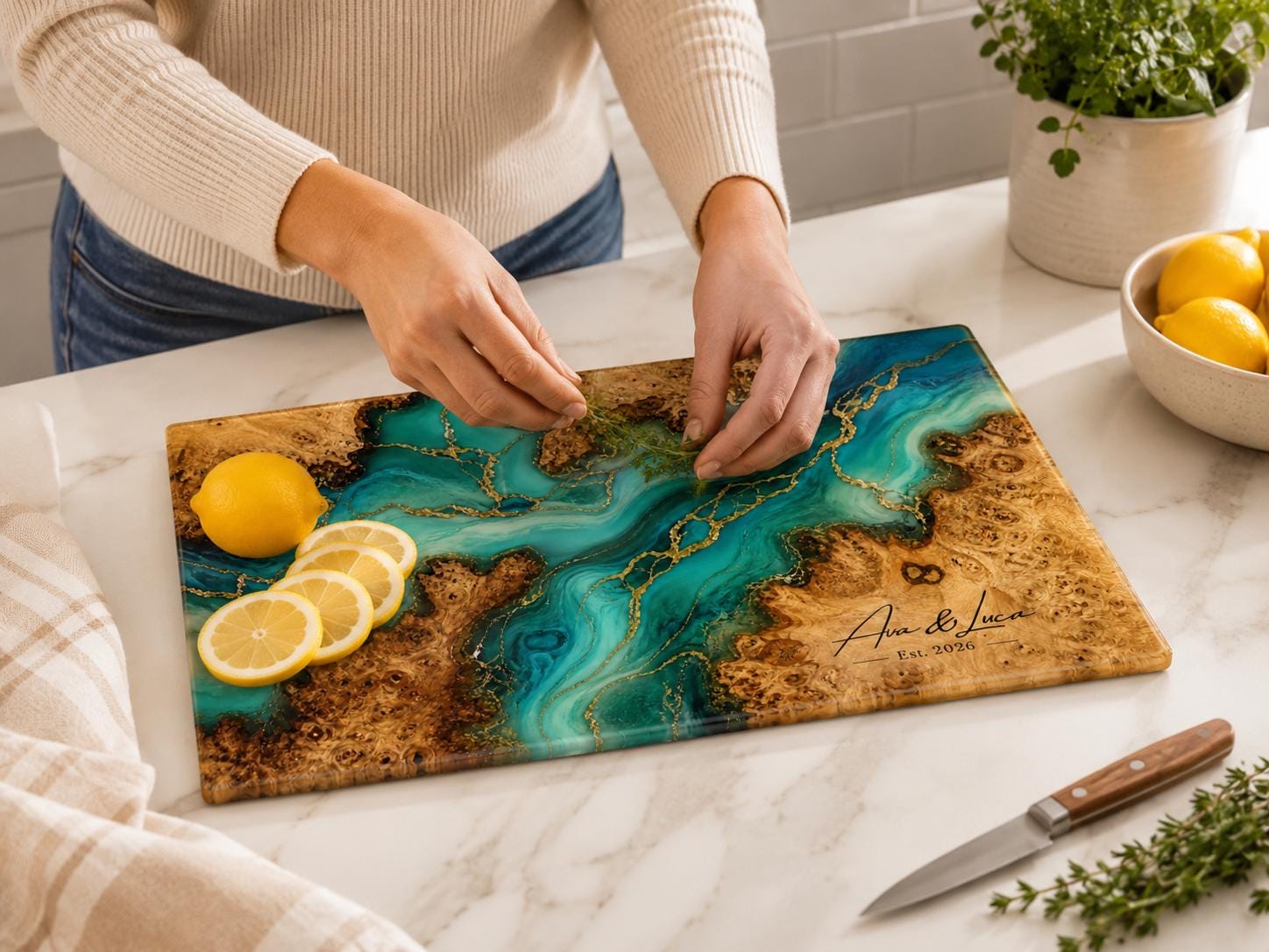 Custom Serving Board, Teal Gold Charcuterie Board, Personalized Kitchen Gift for Couple