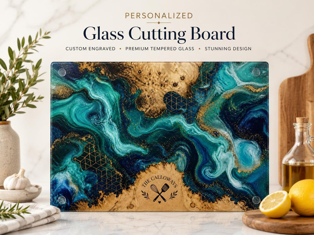 Personalized Glass Cutting Board - Blue Resin Style with Gold Details