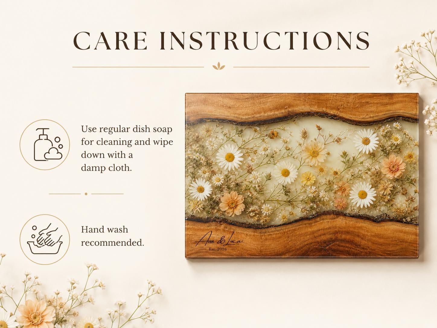 Personalized Floral Cutting Board, Neutral Daisy Glass Board, Custom Wedding Kitchen Gift